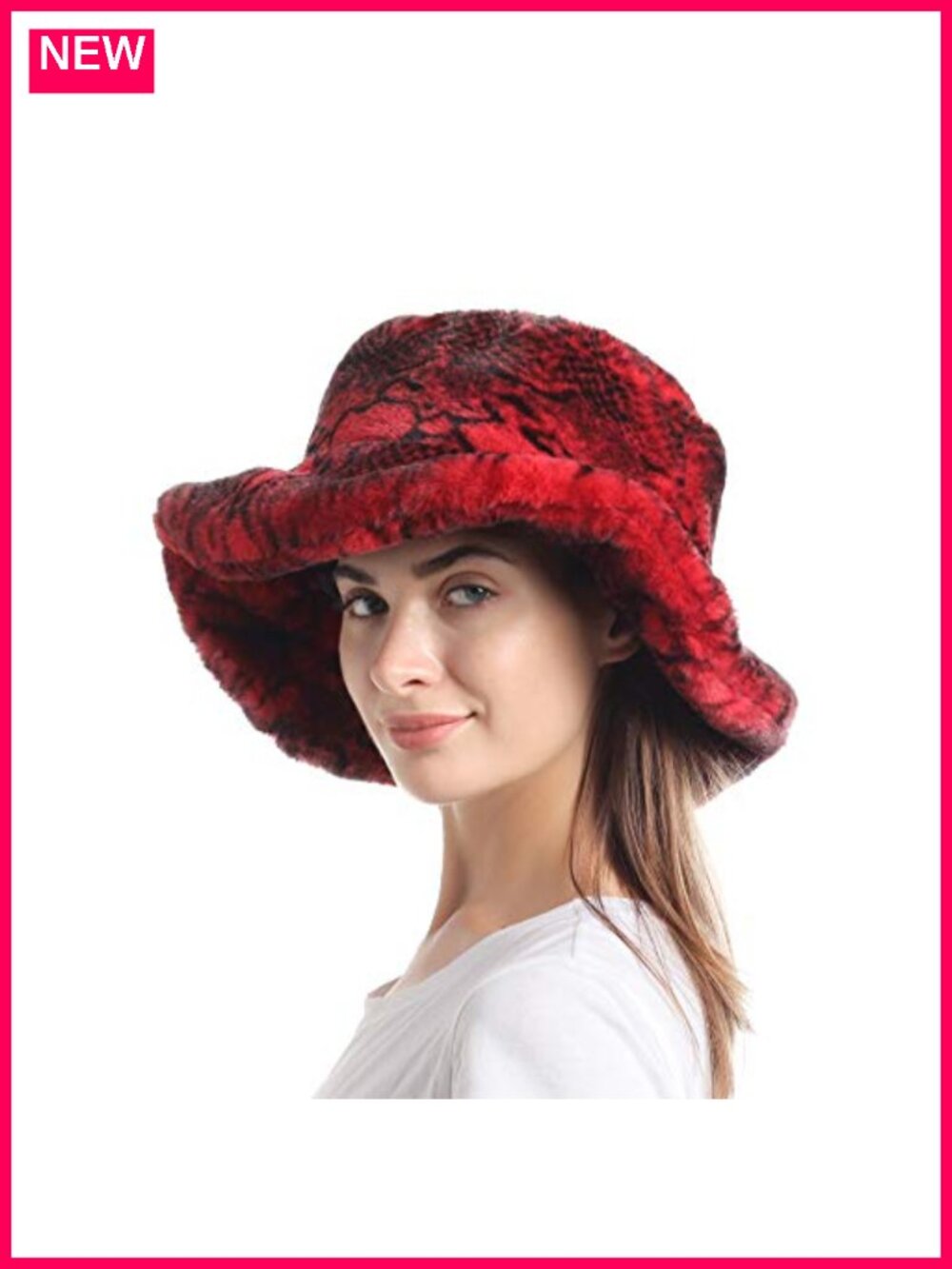Faux Fur Bucket Hat Winter Warm Fisherman Cap Snakeskin Print